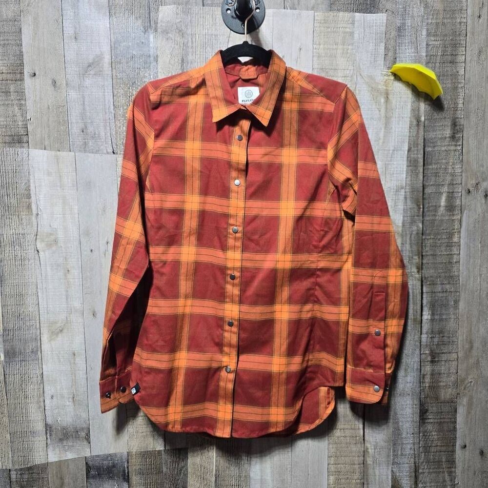 Flylow Brigette Tech Flannel Orange Red Plaid Fall Utility Outdoor Hiking Gorpco